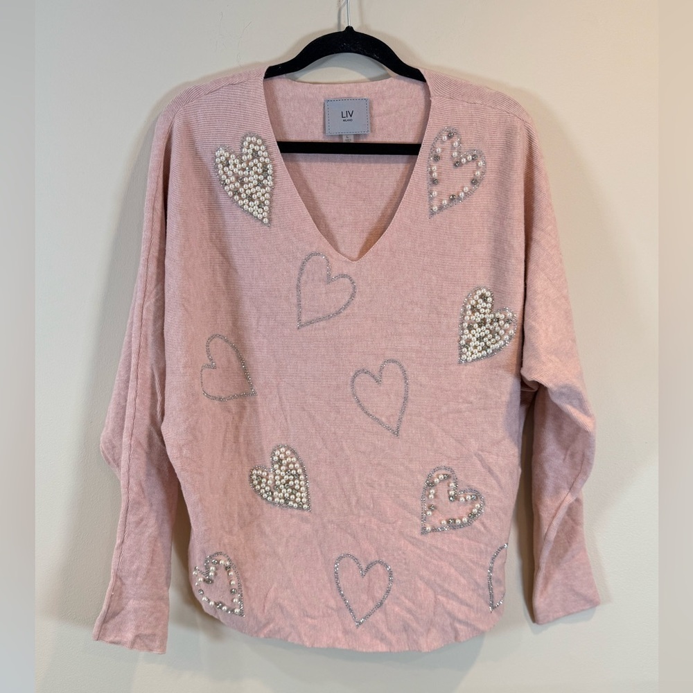 🔥Liv Milano Women’s Pink Heart Embellished Sweater Size L NWOT 🔥